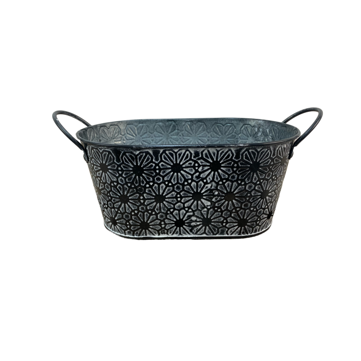 JARDINIERE ZINC MOTIF FLEURS - VENDU EN CARTON DE 48 PCS - COLORIS ASSORTIS – CONTENANTS – Arteverdeco