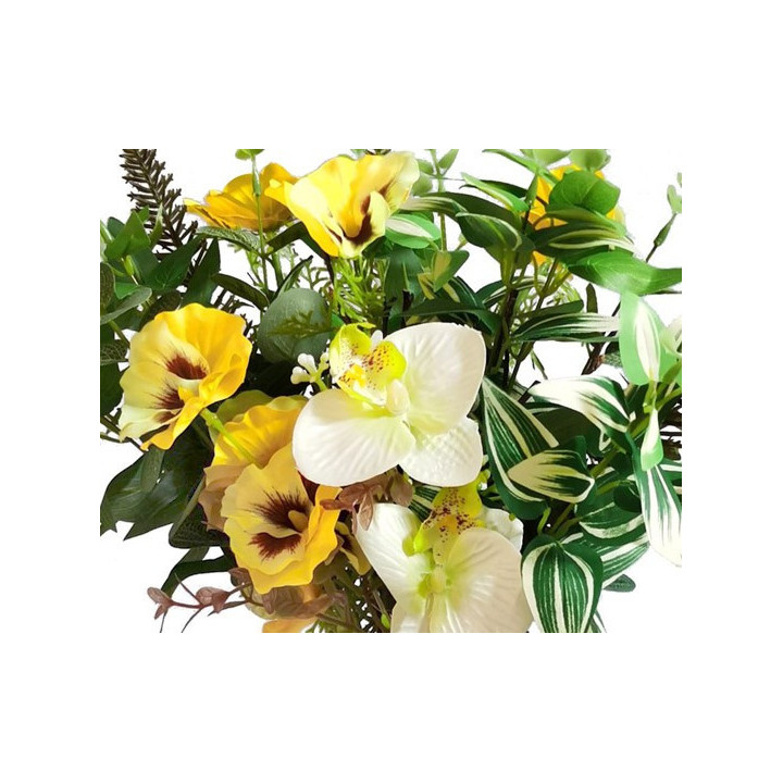 BOUQUET ARTIFICIEL MELANGE DE PENSEE, ORCHIDEE, HERBE, HAUT. 50 CM – FLEURS – Arteverdeco