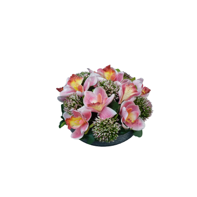 COMPOSITION ARTIFICIELLE ART FLORAL BOUTON DE ROSE, PIVOINE, LYS, GERBERA, PIN – ART FLORAL – Arteverdeco