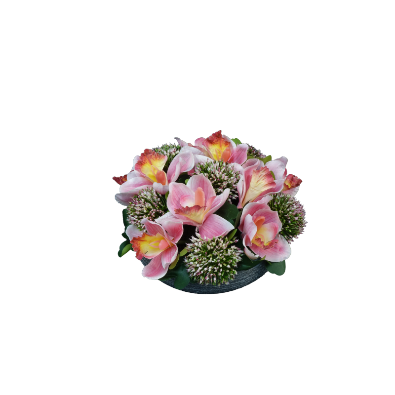 COMPOSITION ARTIFICIELLE ART FLORAL DE CIMBIDIUM, ALLIUM, HAUT. 12 CM – ART FLORAL – Arteverdeco