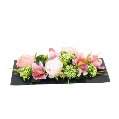 COMPOSITION ARTIFICIELLE ART FLORAL DE ROSE, FLEURS CERISIER, FEUILLE DE SAULE – ART FLORAL – Arteverdeco