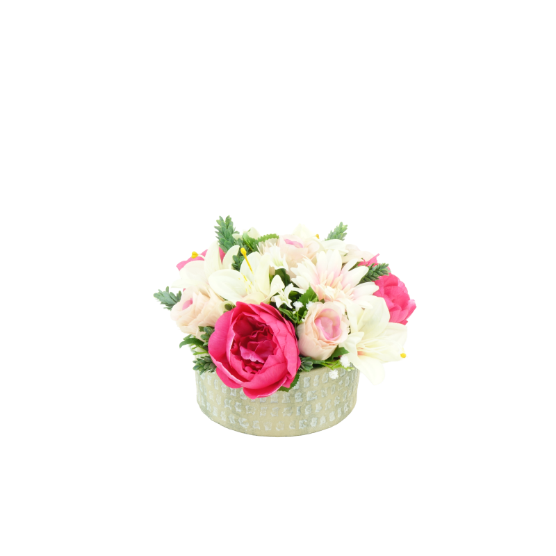 COMPOSITION ARTIFICIELLE ART FLORAL BOUTON DE ROSE, PIVOINE, LYS, GERBERA, PIN – ART FLORAL – Arteverdeco