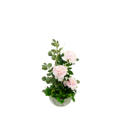 COMPOSITION ARTIFICIELLE ART FLORAL DE ROSE, HORTENSIA, FEUILLAGE – ART FLORAL – Arteverdeco