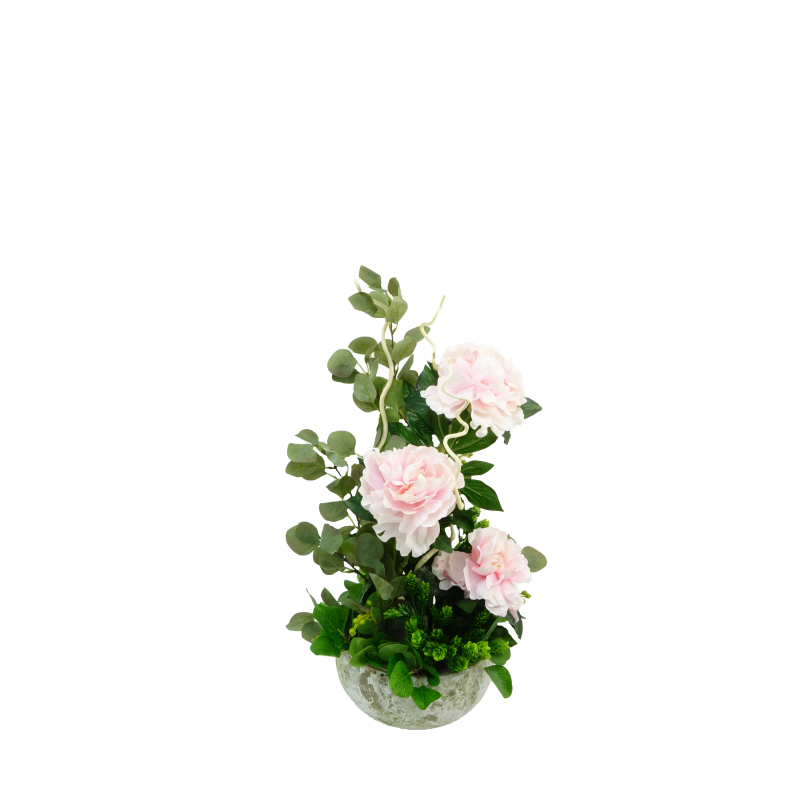 COMPOSITION ARTIFICIELLE ART FLORAL DE PIVOINE, EUCALYPTUS, BUIS, BRANCHAGE – ART FLORAL – Arteverdeco