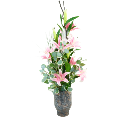 COMPOSITION ARTIFICIELLE ART FLORAL D'ARUM, PIN ET FLEURS, HAUT. 53 CM – ART FLORAL – Arteverdeco