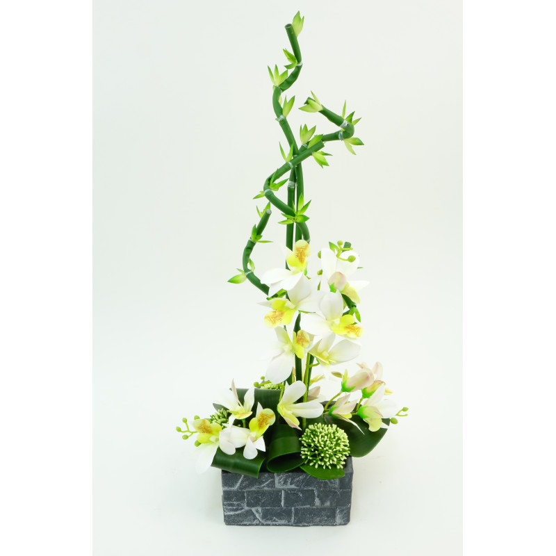 COMPOSITION ARTIFICIELLE ART FLORAL DE BAMBOU, ORCHIDEE, CHARDON – ART FLORAL – Arteverdeco