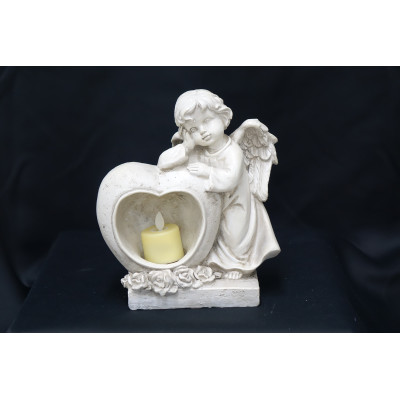 COEUR AVEC ANGE EN RESINE + BOUGIE LED - OBJET DE DECORATION FUNERAIRE - HAUTEUR 20 CM