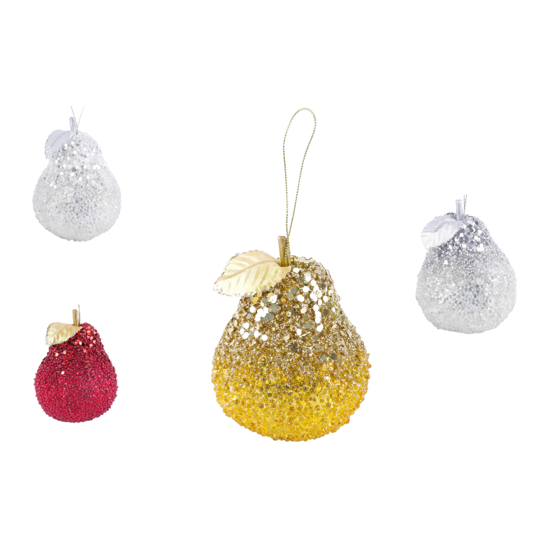 POIRE DECORATIVE CRISTALISEE AVEC 1 FEUILLE  - DIAM. 10 CM – NOEL – Arteverdeco