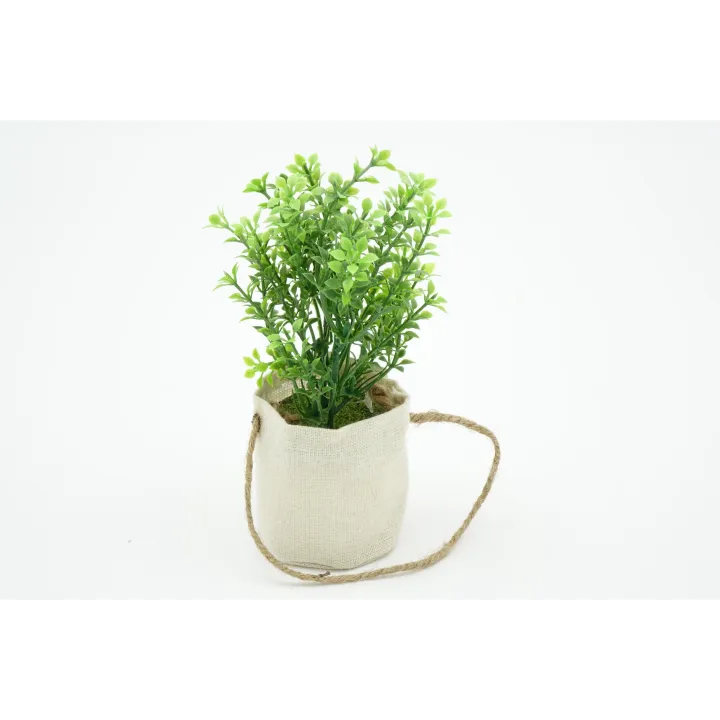 POT TOILE DE JUTE + PLANTES VERTES ARTIFICIELLES  - 4 MODELES ASSORTIS - HAUT. 18 CM – DECORATIONS – Arteverdeco