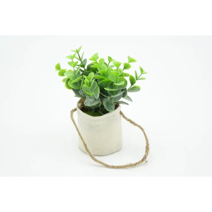 POT TOILE DE JUTE + PLANTES VERTES ARTIFICIELLES  - 4 MODELES ASSORTIS - HAUT. 18 CM – DECORATIONS – Arteverdeco