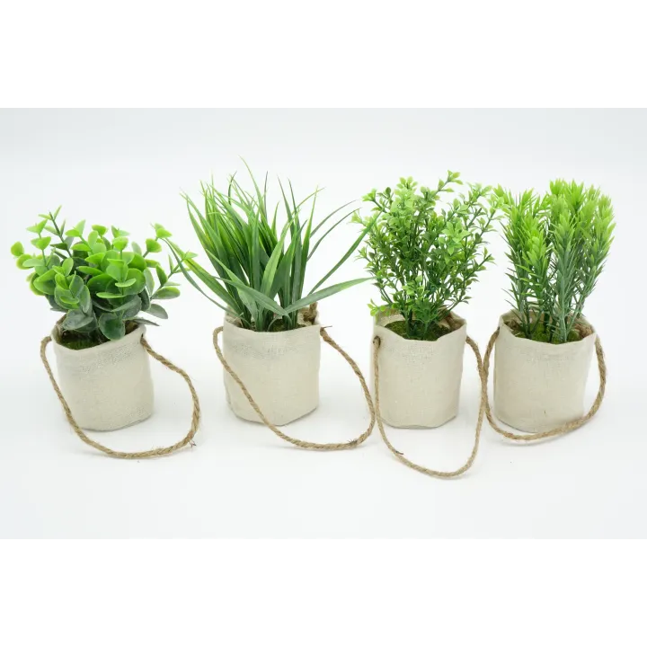 POT TOILE DE JUTE + PLANTES VERTES ARTIFICIELLES  - 4 MODELES ASSORTIS - HAUT. 18 CM – DECORATIONS – Arteverdeco